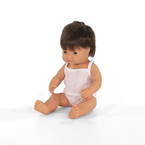 Miniland- Muñeco bebé Europeo Moreno de 38cm en Caja de Regalo (31179)