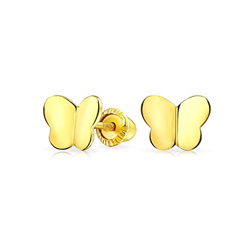 Minimalista Pendiente De Boton Mariposas Suerte Para Mujer Adolescente Para Novia Real Screwback Oro Amarillo 14K