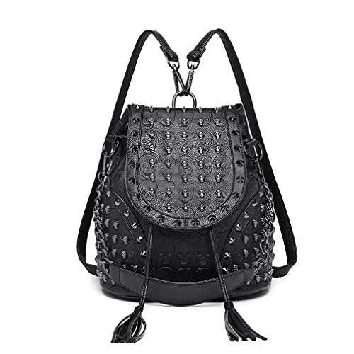 Miss Lulu Mochila de Moda Bolsos para Mujer Correa para el Hombro con Cadena Cráneos en Relieve con Tachuelas de Cuero de Imitación (Negro) Miss Lulu Mochila de Moda Bolsos para Mujer Correa para el Hombro con Cadena Cráneos en Relieve con Tachuelas de Cuero de Imitación (Negro)
