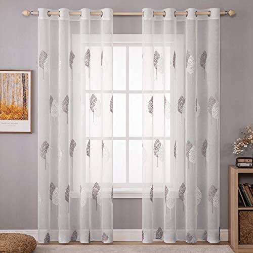 MIULEE 2 Unidades Cortinas Bordado Translucida de Dormitorio Moderno Ventana Visillos Rayas Salon Paneles con Ojales Plateados para Sala Cuarto Comedor Salon Cocina Habitación 140x245 cm Gris