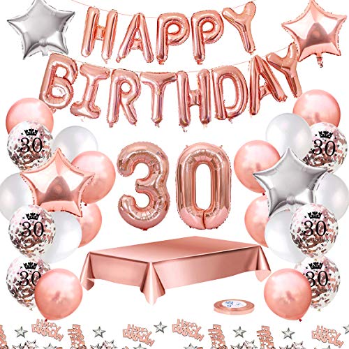 MMTX Globos De Cumpleaños 30 Años Feliz Cumpleaños Decoracion Regalo 18 Regalos Cumpleaños Mujer Oro Rosa con Guirnalda Banner De Cumpleaños Para Fiesta,Manteles,Confetti,Globos de Látex Impresos