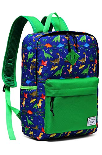 Mochila Infantil Niño, Kasgo Lindo Mochila Preescolar para Kindergarten Dinosaurio Bolsa Escolar Niños con Correa Pecho (Verde)