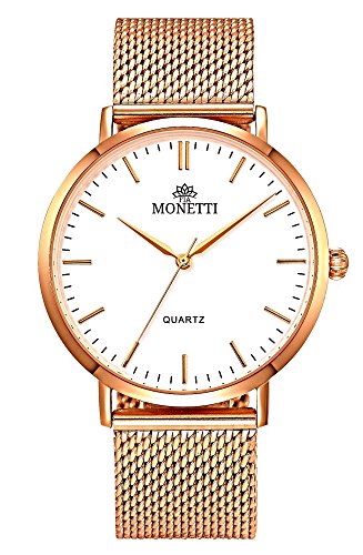 MONETTI Unisex Reloj de Cuarzo analógico con Brazalete de Metal de Oro Rosa en una Exclusiva Caja de Regalo