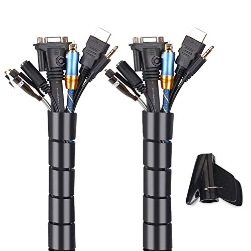 MOSOTECH Organizador Cables, Cubre Cables de 2 x 1.5m, Flexible Funda Organizador Cables, Organizador de Cables Mesa, Recoge Cables para Office y PC Escritorio-Negro (Ø2.2cm y Ø1.6cm)