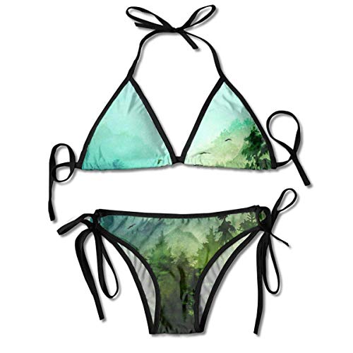 Mountain Forest Ink Pain-Ting Bikini para Mujer String 2 Piezas Halter Traje de baño Sexy Triángulo Trajes de baño Conjunto Negro