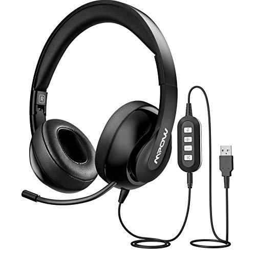 Mpow Auriculares USB de 3,5 mm con Función de Silencio, Auriculares de PC con Micrófono Retráctil, Cancelación de Ruido, Comodidad Durante Todo el día para Reuniones，Centro de Llamadas，Escuela