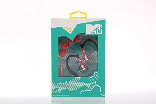 MTV - Auriculares deportivos (2 unidades, 1 de color negro, 1 de color rojo, 1 de color turquesa y amarillo, gancho ajustable, conector jack de 10 mm, 20-20.000 Hz, 32 ohmios)