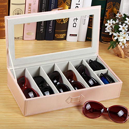 Multi-Frame Glasses Case Eyeglass Sunglass Storage Compartimentos Organizador Collector Simple Fashion Display Box, 6-Slot Faux Leather Storage Case Box (Pearl Pink)