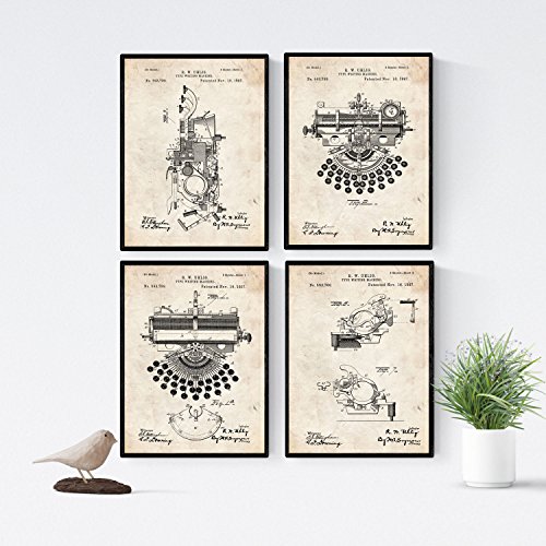 Nacnic Vintage - Pack de 4 Láminas con Patentes de Máquinas de Escribir. Set de Posters con inventos y Patentes Antiguas. Nacnic Vintage - Pack de 4 Láminas con Patentes de Máquinas de Escribir. Set de Posters con inventos y Patentes Antiguas.