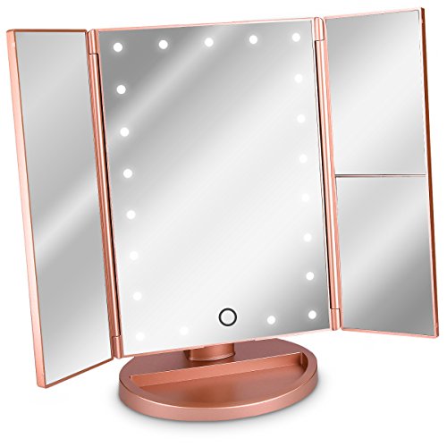 Navaris Espejo cosmético LED Plegable - Espejo tríptico de Maquillaje con iluminación - Espejo con Pliegues de aumentos 2X y 3X - en Oro Rosa