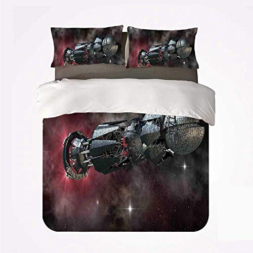 Nave espacial galáctica en viaje interestelar en un campo estelar galáctico Ciencia ficción alienígena,Juego de ropa de cama con funda nórdica de microfibra y 2 funda de almohada - 240 x 260 cm