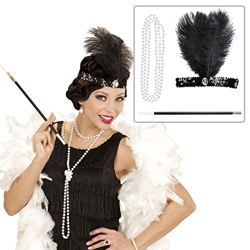 NET TOYS Set Carnaval Charleston con Adorno para la Cabeza, Collar y Boquilla Ropa años 20 30 Outfit Mujer Gatsby Accesorios Flapper Accesorio para el Cabello con Pluma