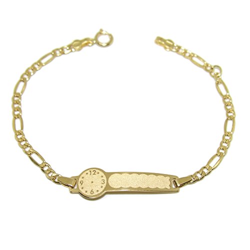 Never Say Never Pulsera para bebé de Oro Amarillo de 18Ktes con Placa y Reloj para Grabar. 14cm