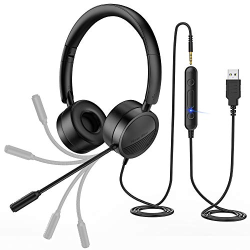 New Bee Auriculares Micrófono PC Auriculares Telefono USB/3.5mm Cancelación de Ruido & Sonido estéreo Claro Cascos Business para Skype Softphone Centros de Llamadas Cursos Online