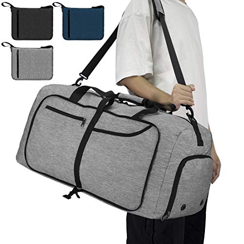 NEWHEY Bolsa de Viaje 65L Plegable Ligera Bolsa Deporte Hombre Impermeable Bolsa Fin de Semana con Compartimento Zapatos para Mujeres Gris