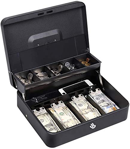 NEX - Caja de caudales de doble capa y 2 llaves, con compartimentos para monedas y dinero en efectivo, color negro