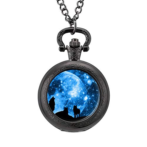 Ninguna marca de luna lobo galaxia espacio reloj de bolsillo grabado de cuarzo colgante collar con cadena para hombres mujeres lmj1r4jnte4e, lmj1jqk2nelc, negro, talla única
