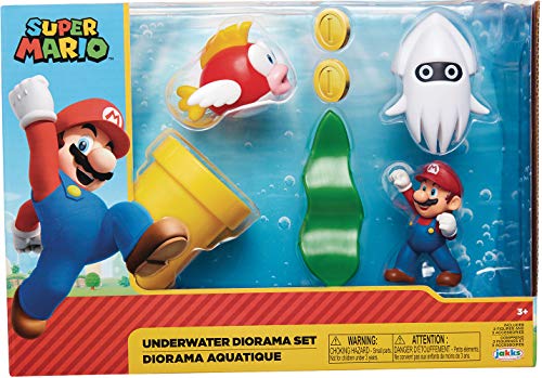 Nintendo Super Mario Underwater - Juego de Figuras de Diorama de 6,35 cm, Incluye: Mario, Cheep-Cheep, Blooper, tubería de urdimbre mecánica, Planta de Agua giratoria y Dos Monedas