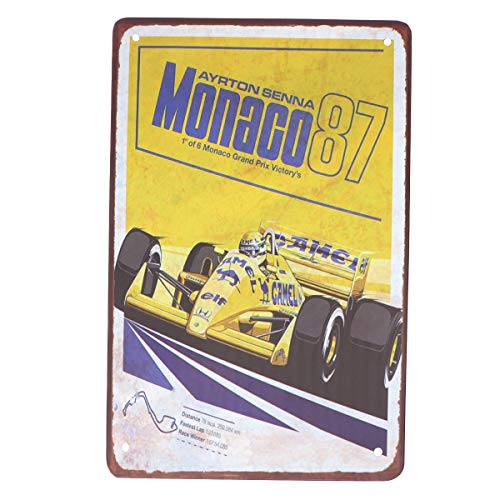 Non Branded 1 Unid Ayrton Senna 1987 Mónaco Decoración de Láminas de Metal F1 Cafetería Pieza de Metal Pintura Fórmula Racing Cafe Placa de Hierro Pub Placa de Metal Artística