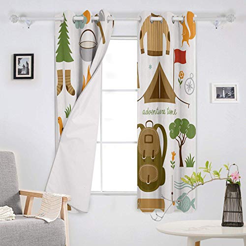 NUEVO-HOPE - Juego de cortinas de aventura para sala de estar y ventanas para dormitorio, 2 paneles de 132 x 182 cm, equipo de camping saco de dormir botas de camping pala hacha