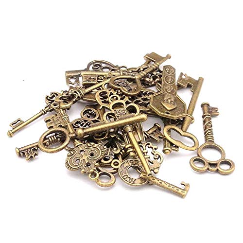 Ogquaton Paquete mixto de 40 llaves vintage, llaves antiguas de bronce, engastadas para la creación de joyas de bricolaje