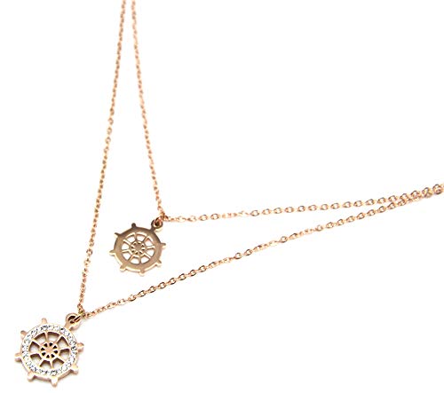 Oh My Shop CC2539E – Collar doble cadena con colgantes de gobierno con pedrería y acero, oro rosa