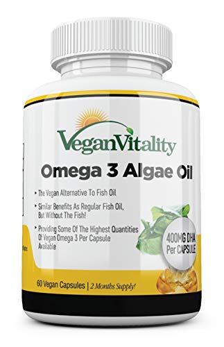 Omega 3 Vegano Aceite de algas de Vegan Vitality: 400mg de DHA por cápsula. 60 cápsulas, 2 meses de suministro. Vitaminas vegetarianas puras a base de plantas