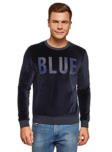 oodji Ultra Hombre Suéter de Terciopelo con Inscripción, Azul, ES 50 / M oodji Ultra Hombre Suéter de Terciopelo con Inscripción, Azul, ES 50 / M