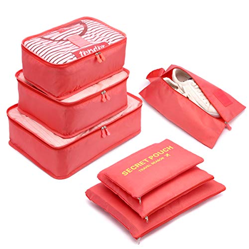 Organizador de Equipaje，LOSMILE 7 en 1 Set Impermeable Organizadores de Viaje para Maletas，3 Cubos de Embalaje +3 Bolsas de Almacenamiento+1 Saco de Zapatos.(Rojo Sandía)