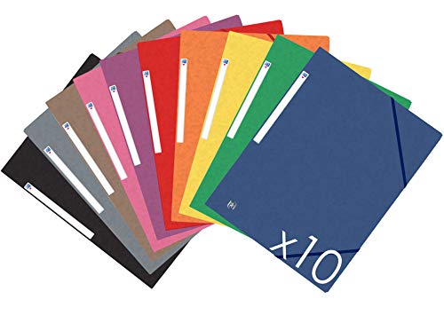 Oxford Top File+ Carpeta con gomas - Tapas de cartón con gomas y 3 solapas, A4, pack de 10 unidades, colores vivos, 10 colores surtidos