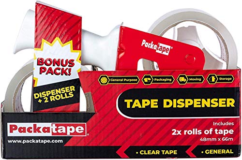 Packatape - Dispensador de cinta adhesiva (incluye 2 rollos de cinta adhesiva transparente, 48 mm x 66 m)