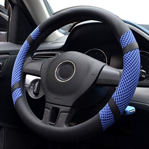 Pahajim Cubierta de volante de cuero de microfibra para automóvil Seda del Hielo Respirable Coche 38 cm,Universal,Antideslizante,Confortable(Azul) …