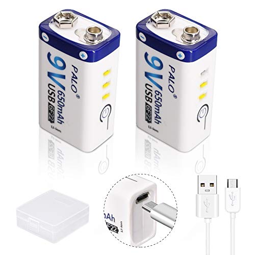 Palo 2-Pack USB 9V 650mAh Batería Recargable de ión de Litio con Cable USB para Teclado Micrófono Alarma de Humo Controles universales