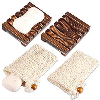 PAMIYO 2 unidades Jabonera de madera para ducha 2 unidades de bolsas de jabón caja de jabón de bambú natural saco de jabón ecológico con cordón evita restos de jabón en su lavabo estante para lavabo