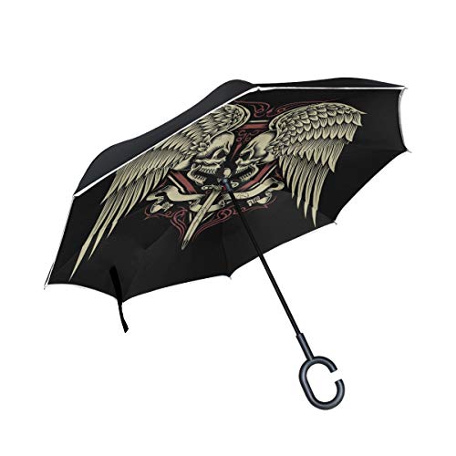 Paraguas de Patio a Prueba de Viento Reverse Umbrella Wing Devil Angel Skull Face para Coche Bulldog Outdoor Umbrella con Mango en Forma de C