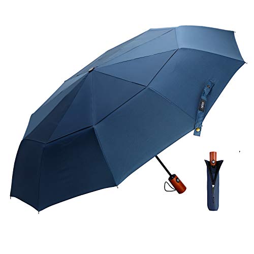 Paraguas Plegable Azul Automático, EKOOS Paraguas Plegable Paraguas Automático con Doble Cubiertapara, Teflón 210T y con 10 Varillas Reforzadas (Azul)