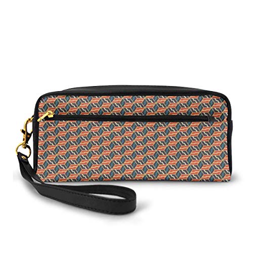Pencil Case Pen Bag Pouch Stationary,Rhombuses with Thunder Motif and Hexagon Style Mosaic Design Geometric Pattern,Small Makeup Bag Coin Purse