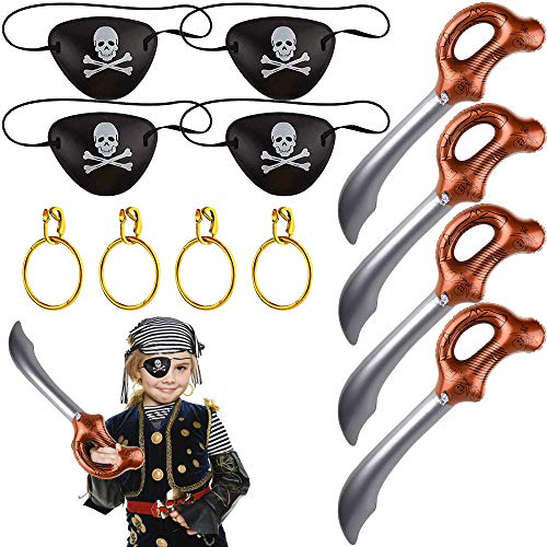 PERFETSELL Juego de 12 Accesorios para Disfraz de Pirata Sabres de Pirate Inflable Juguete 57 cm Parche de Ojo de Pirata Pendientes Pirata Artículos para Fiesta Cumpleaños Infantil Carnaval Regalo