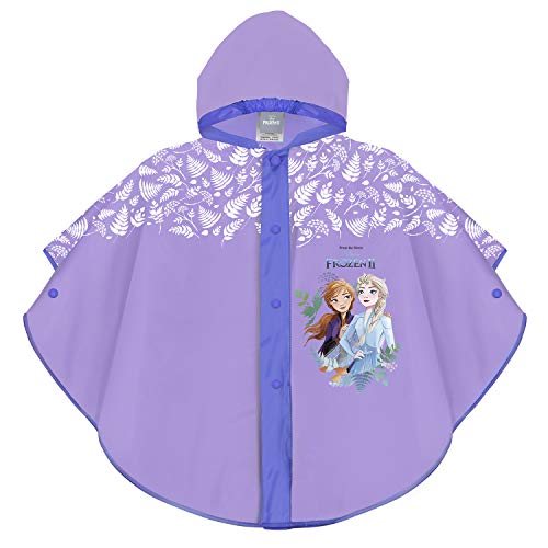 PERLETTI Poncho Impermeable Disney Frozen 2 Súper Colorado - Chubasquero de Lluvia para Niña con Capucha y Botones - Estampado Elsa y Detalles Blanco (Morado, 3/6 Años)