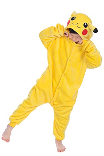 Pijama infantil Kigurumi de YAOMEI, unisex, pijama de franela con capucha para disfraz de Halloween, para Navidades, para fiestas de disfraces o para vestir Pikachu 140 cm/altura 130/ 140 cm