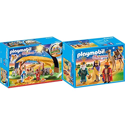 PLAYMOBIL Christmas Belén con Luz y Patas Plegables, A Partir de 4 años (9494) + Reyes Magos Juguete, Multicolor, tu (Geobra Brandstätter 9497)