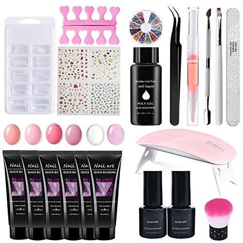 Polygel Nail Kit Gel Nails Starter Set, 6 Colores De Esmalte De Uñas, Extensión De Uñas, Juego De Gel Con 100 Moldes De Extensión De Uñas, Limas De Uñas, Mini Luces UV, Pegatinas De Uñas