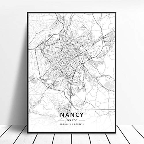 Póster del Mapa del Arte de la Lona de Nancy Reims Valenciennes Perpignan Dijon Le Havre Francia 50x70cm Sin Marco AQ-903