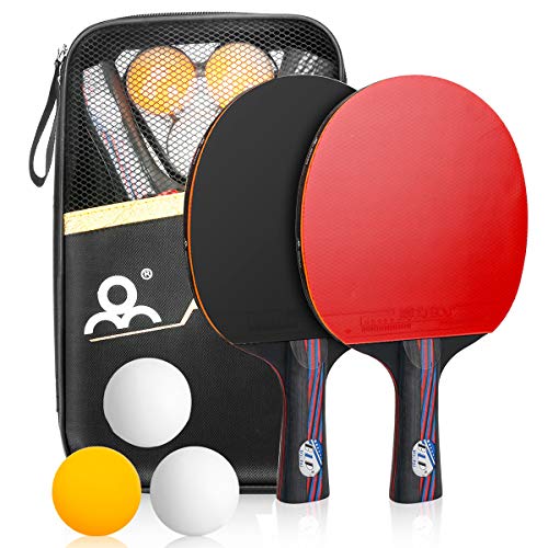 Powcan Sets de Ping Pong, 2 Raquetas de Ping Pong + 3 Pelotas + 1 Bolsa, Profesionales Palas Ping Pong, Cómodo Mango | Esponja de Alta Elasticidad | Goma de Doble Cara