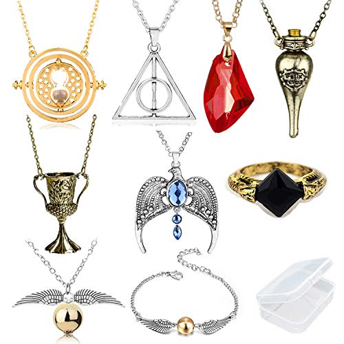 PPX 9 Piezas Time Turner Reliquias de la Muerte Collar de Snitch Dorado Colgante de Piedra de Brujo Collar de Cadena Pulseras Collar mágico con una Corona de Ravenclaw para fanáticos