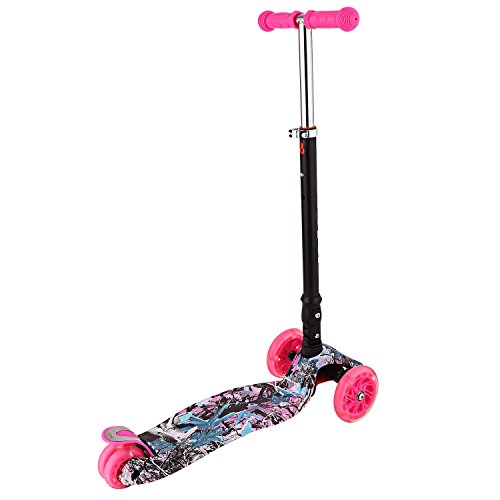 Profun Patinete Plegable con 4 Ruedas PU con Led Luces Altura Ajustable Desde 77-87CM con Freno Posterior con Grafitti en Tabla Seguro para Niños