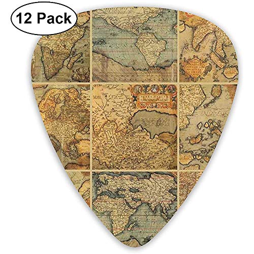 Púas de guitarra de celuloide, collage con antiguos mapas del viejo mundo Colección antigua antigua de civilización