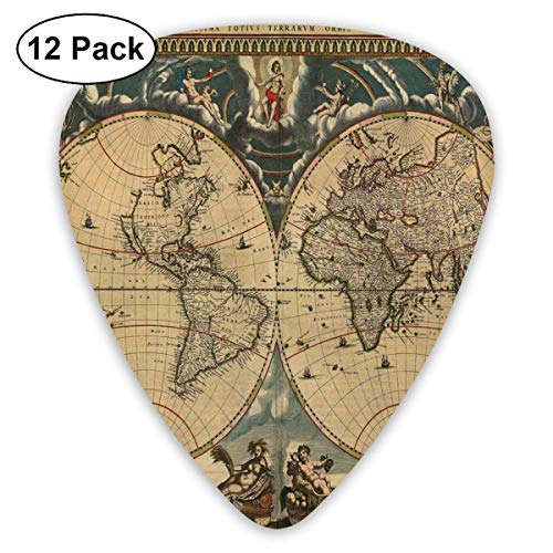 Púas de guitarra de celuloide, mapa antiguo con fecha del mundo antiguo Tema de geografía histórica Impresión sucia antigua Diseño