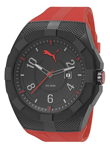 Puma Iconic - Reloj análogico de cuarzo con correa de poliuretano para hombre, color rojo/negro