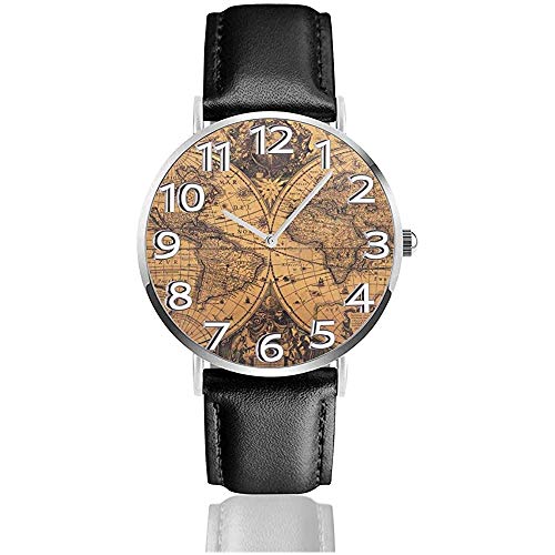 Puzzle Reloj Mundial Antiguo Reloj Unisex Reloj Deportivo Banda de Cuero de PU Relojes de Pulsera de Acero Inoxidable de Cuarzo